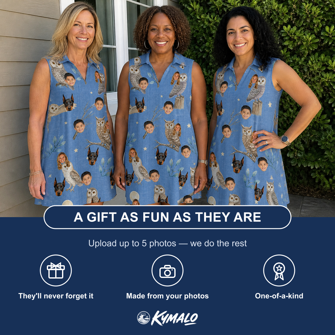 Friends in matching Women's Hoot Hollow Custom Face V-Neck Dress — a group gift photo