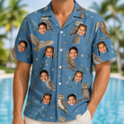 Model wearing Men's Hoot Hollow Custom Face Hawaiian Shirt printed with kids' faces