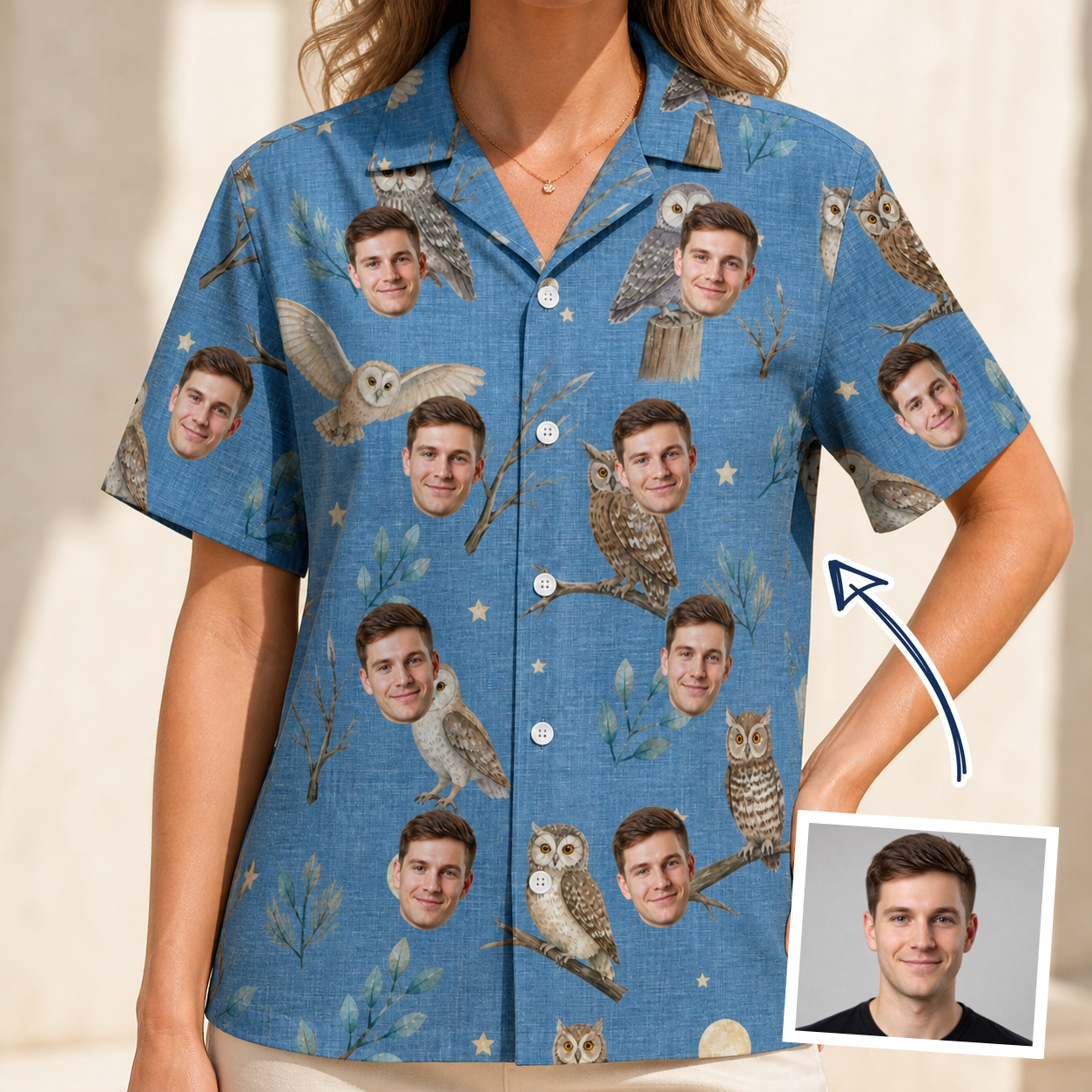 Woman wearing Women's Hoot Hollow Custom Face Hawaiian Shirt — custom faces printed all-over