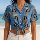 Woman wearing Women's Hoot Hollow Custom Face Hawaiian Shirt tied at the waist