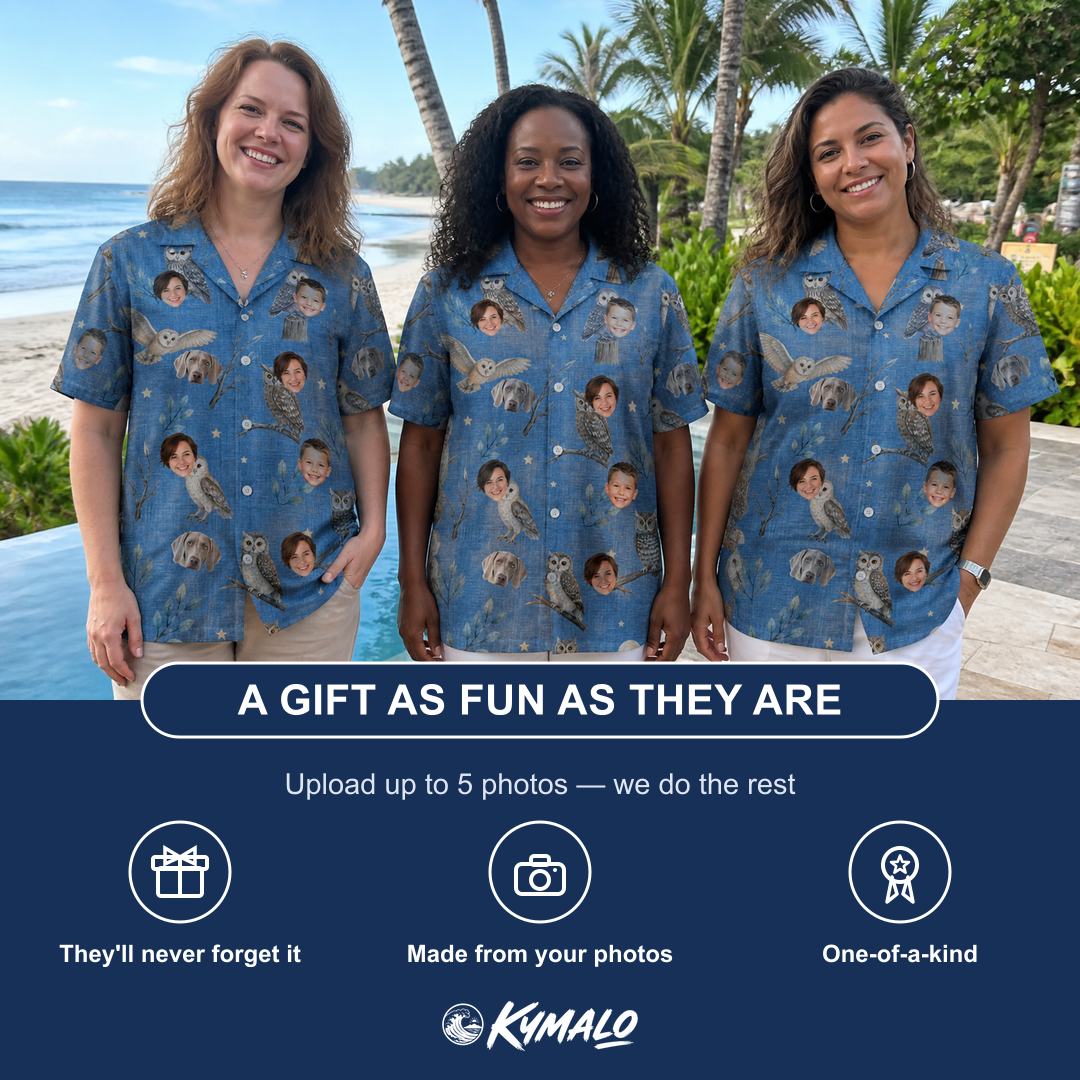 Friends in matching Women's Hoot Hollow Custom Face Hawaiian Shirt — a group gift photo