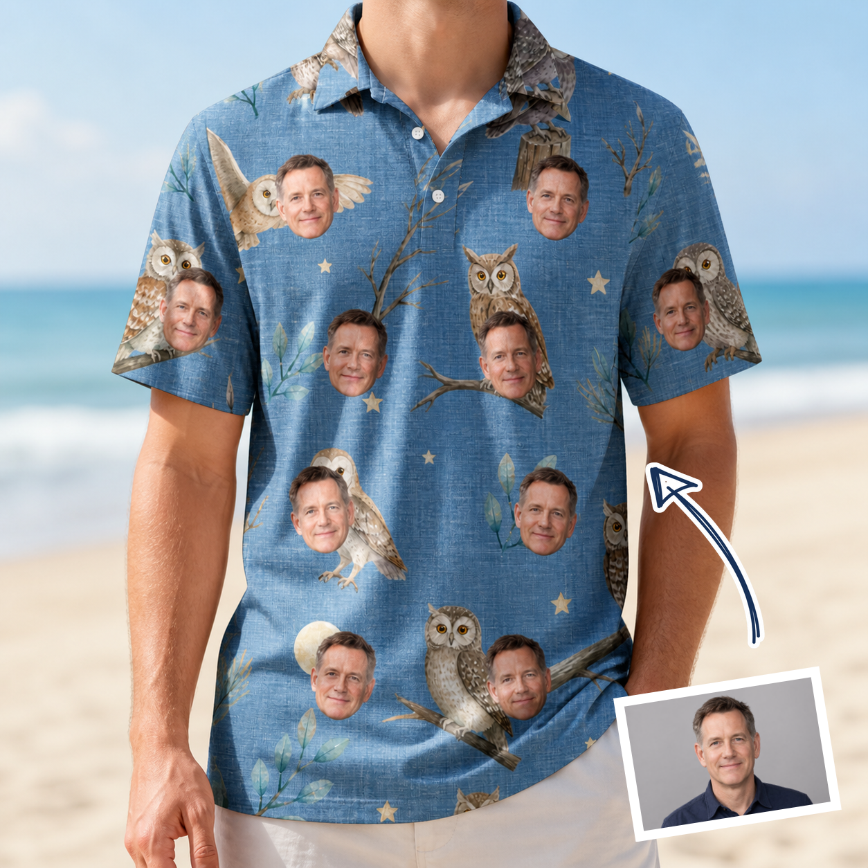 Man wearing Men's Hoot Hollow Custom Face Polo Shirt — custom faces printed all-over