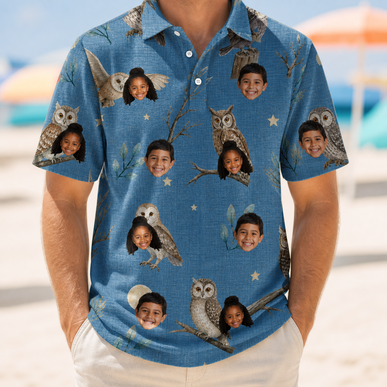 Model wearing Men's Hoot Hollow Custom Face Polo Shirt printed with kids' faces
