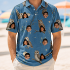 Model wearing Men's Hoot Hollow Custom Face Polo Shirt printed with kids' faces