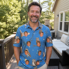 Real-life photo of someone wearing Men's Hoot Hollow Custom Face Polo Shirt — custom faces printed all-over