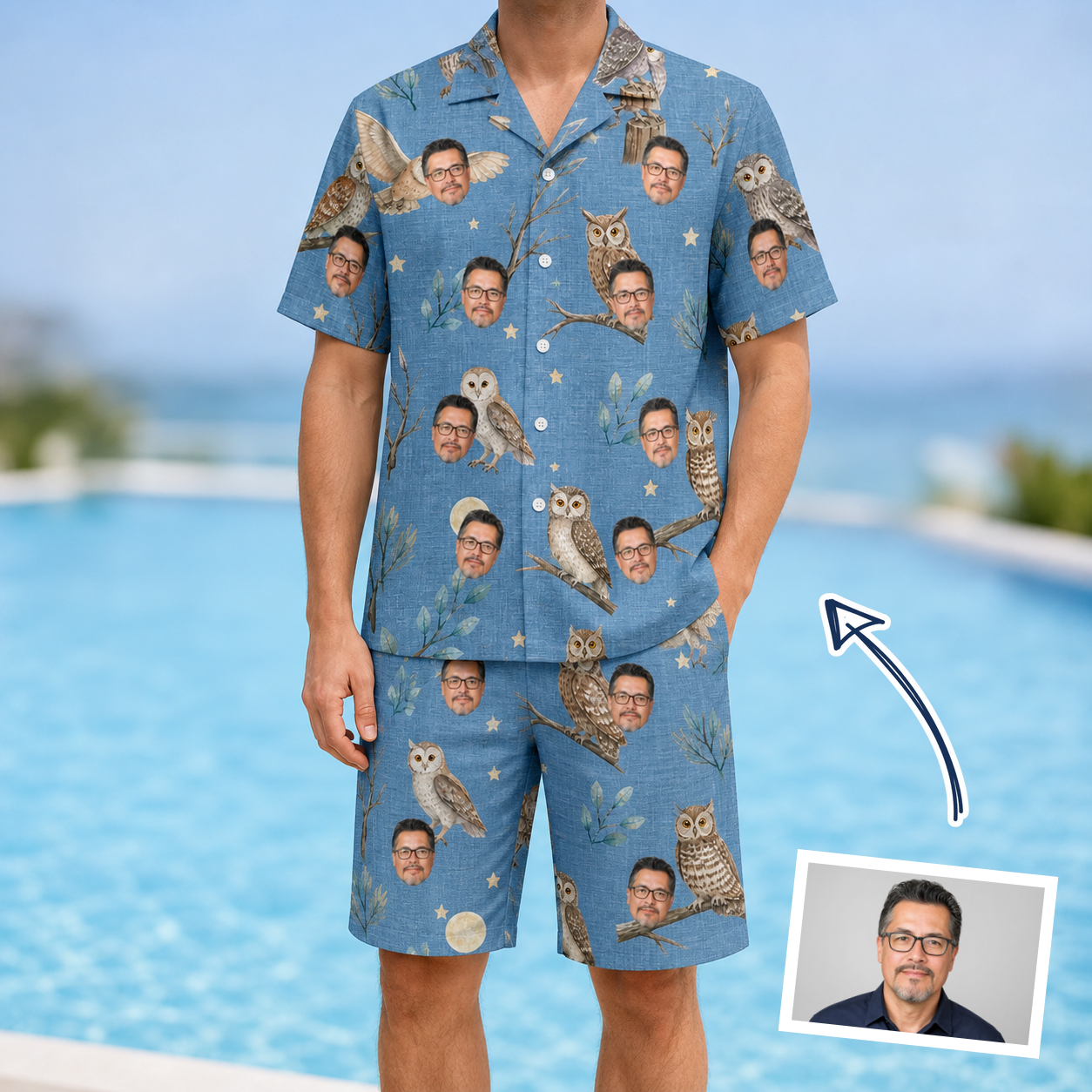 Man wearing Men's Hoot Hollow Custom Face Shirt & Shorts Set — custom faces printed all-over