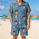 Model wearing Men's Hoot Hollow Custom Face Shirt & Shorts Set printed with kids' faces