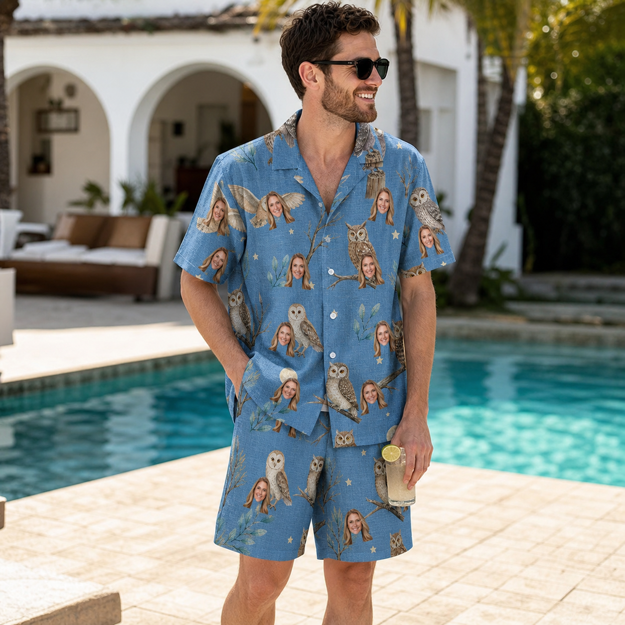Real-life photo of someone wearing Men's Hoot Hollow Custom Face Shirt & Shorts Set — custom faces printed all-over