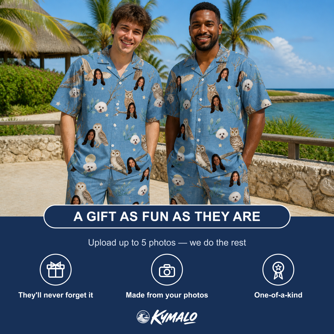 Friends in matching Men's Hoot Hollow Custom Face Shirt & Shorts Set — a group gift photo
