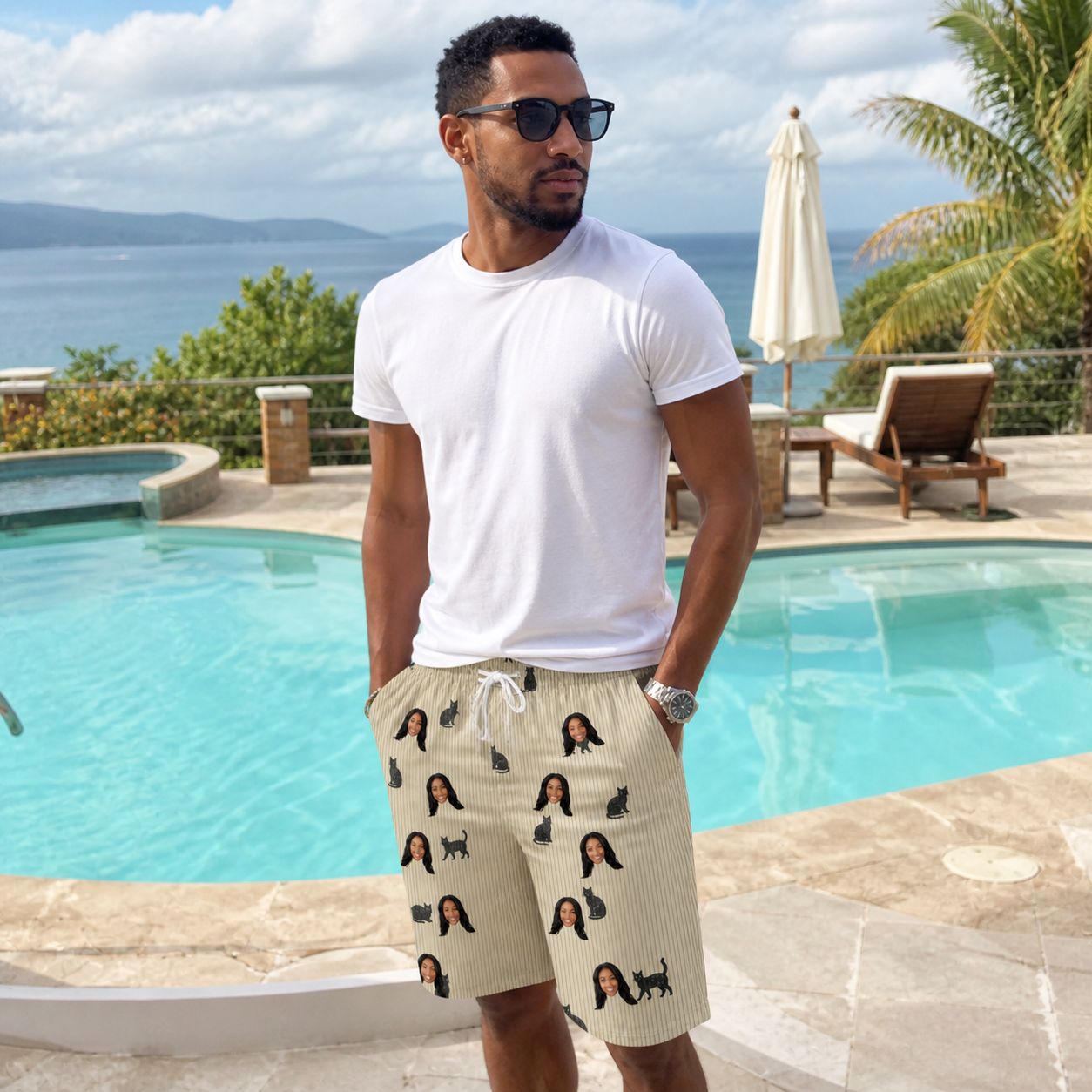 Real-life photo of someone wearing Men's Feline Frights Custom Face Beach Shorts — custom faces printed all-over