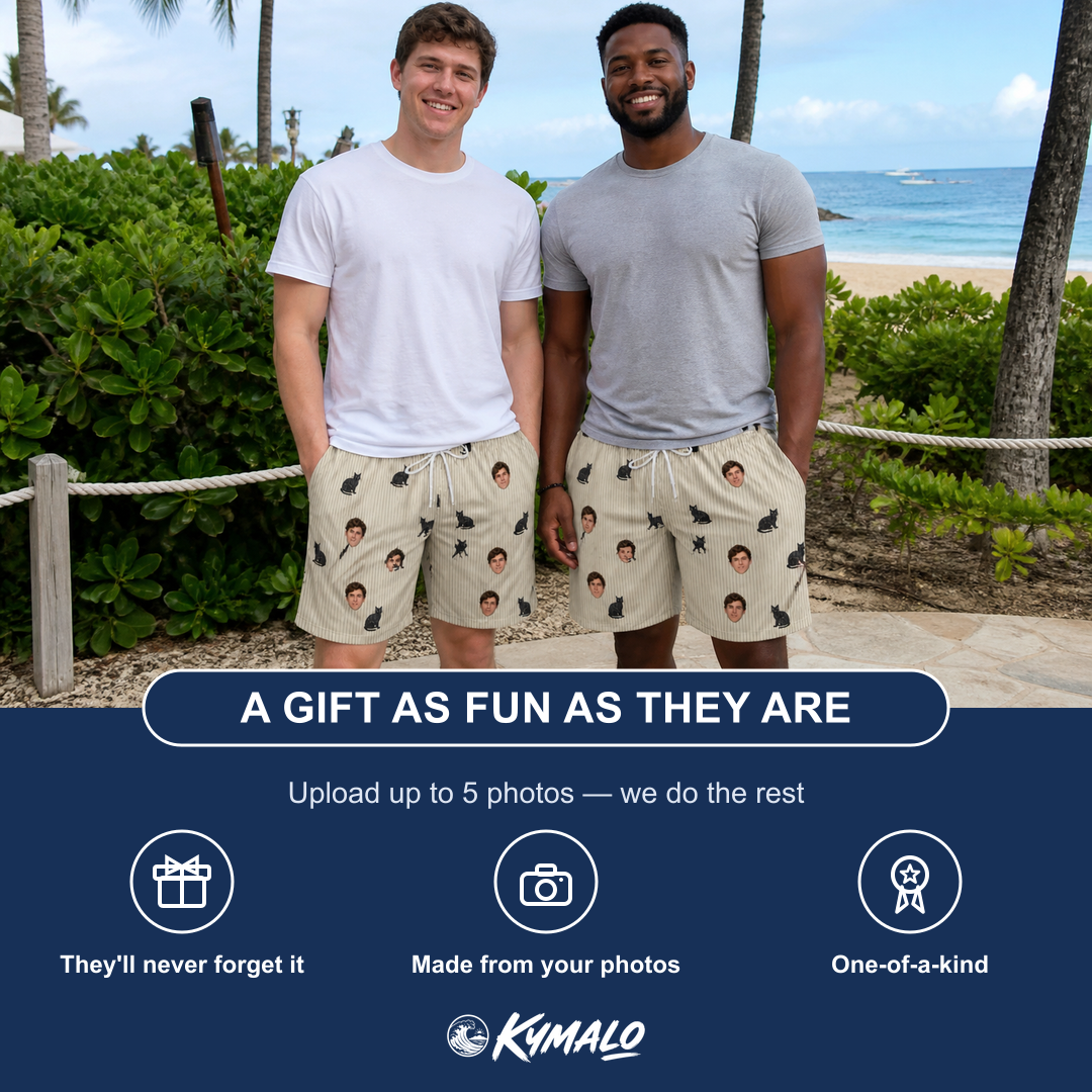 Friends in matching Men's Feline Frights Custom Face Beach Shorts — a group gift photo