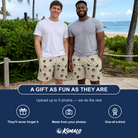 Friends in matching Men's Feline Frights Custom Face Beach Shorts — a group gift photo