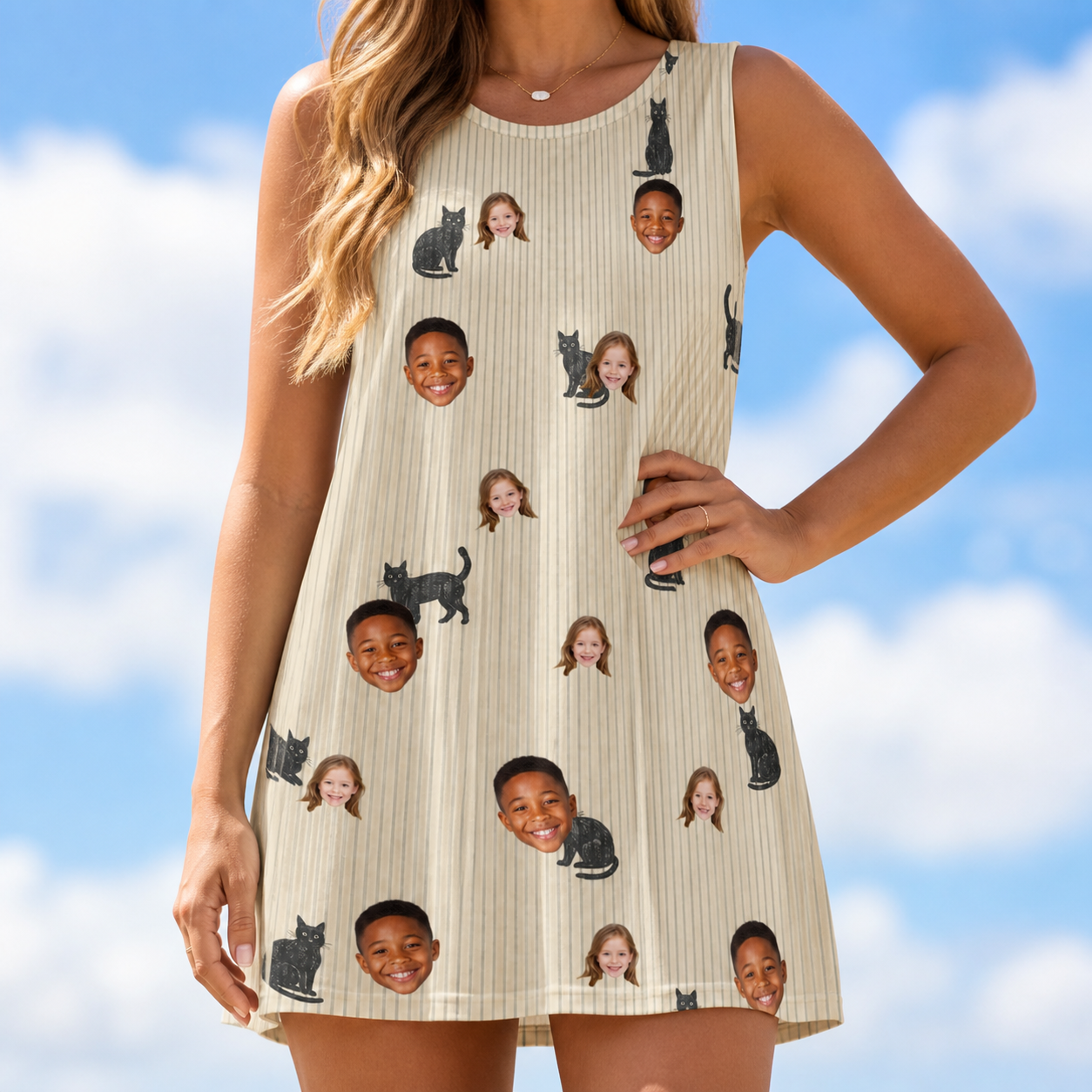 Model wearing Women's Feline Frights Custom Face Tank Dress printed with kids' faces