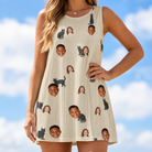 Model wearing Women's Feline Frights Custom Face Tank Dress printed with kids' faces