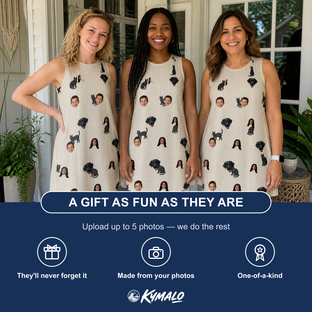 Friends in matching Women's Feline Frights Custom Face Tank Dress — a group gift photo