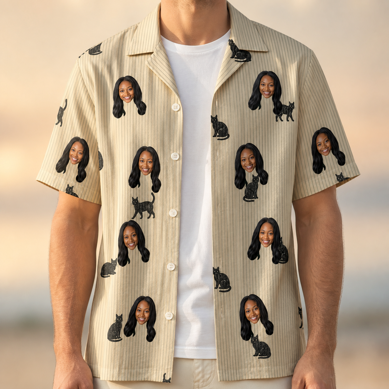 Man wearing Men's Feline Frights Custom Face Hawaiian Shirt open over a white tee