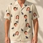 Model wearing Men's Feline Frights Custom Face Hawaiian Shirt printed with kids' faces