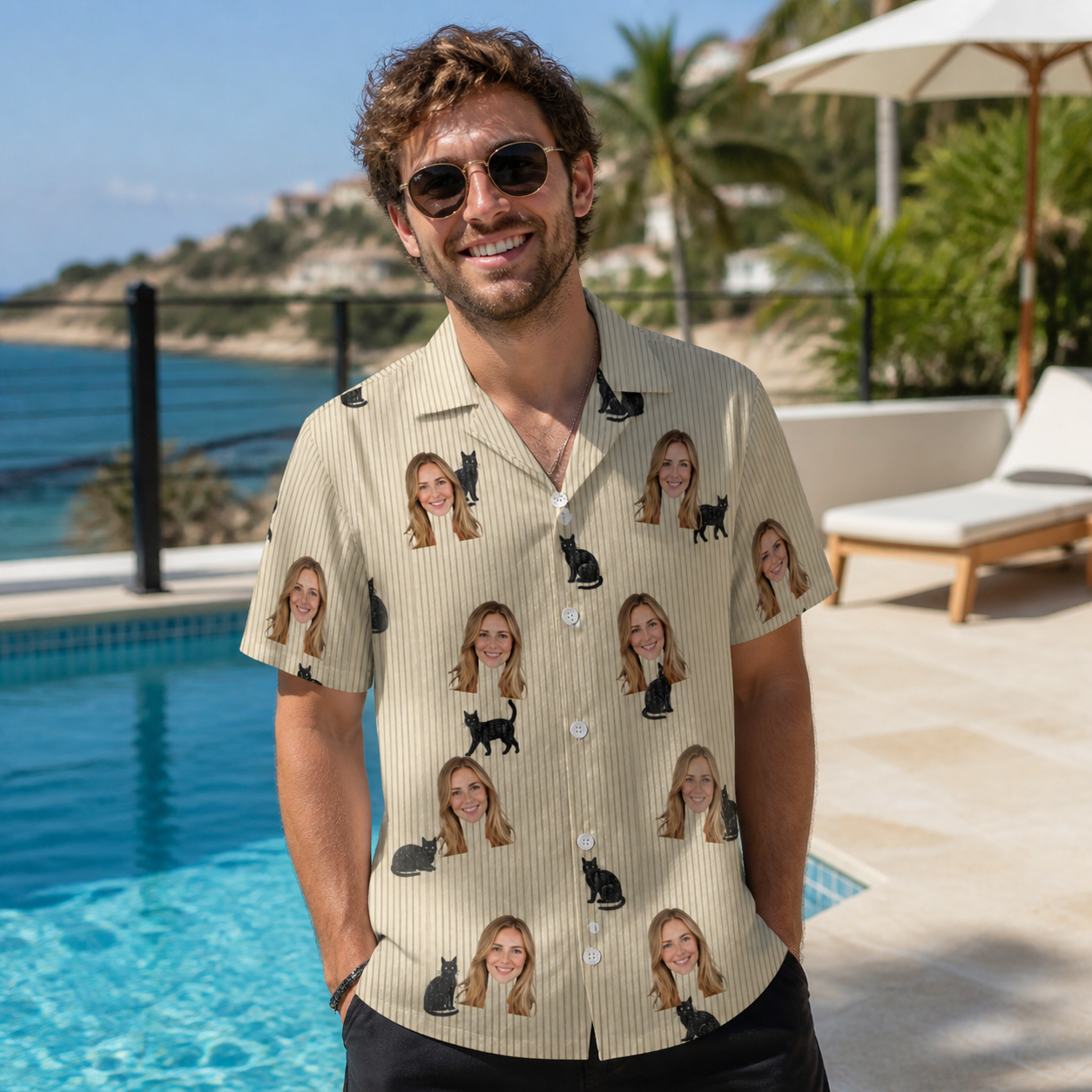 Real-life photo of someone wearing Men's Feline Frights Custom Face Hawaiian Shirt — custom faces printed all-over