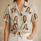 Woman wearing Women's Feline Frights Custom Face Hawaiian Shirt tied at the waist