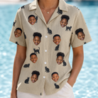 Model wearing Women's Feline Frights Custom Face Hawaiian Shirt printed with kids' faces