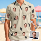 Man wearing Men's Feline Frights Custom Face Polo Shirt — custom faces printed all-over