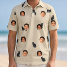 Model wearing Men's Feline Frights Custom Face Polo Shirt printed with kids' faces