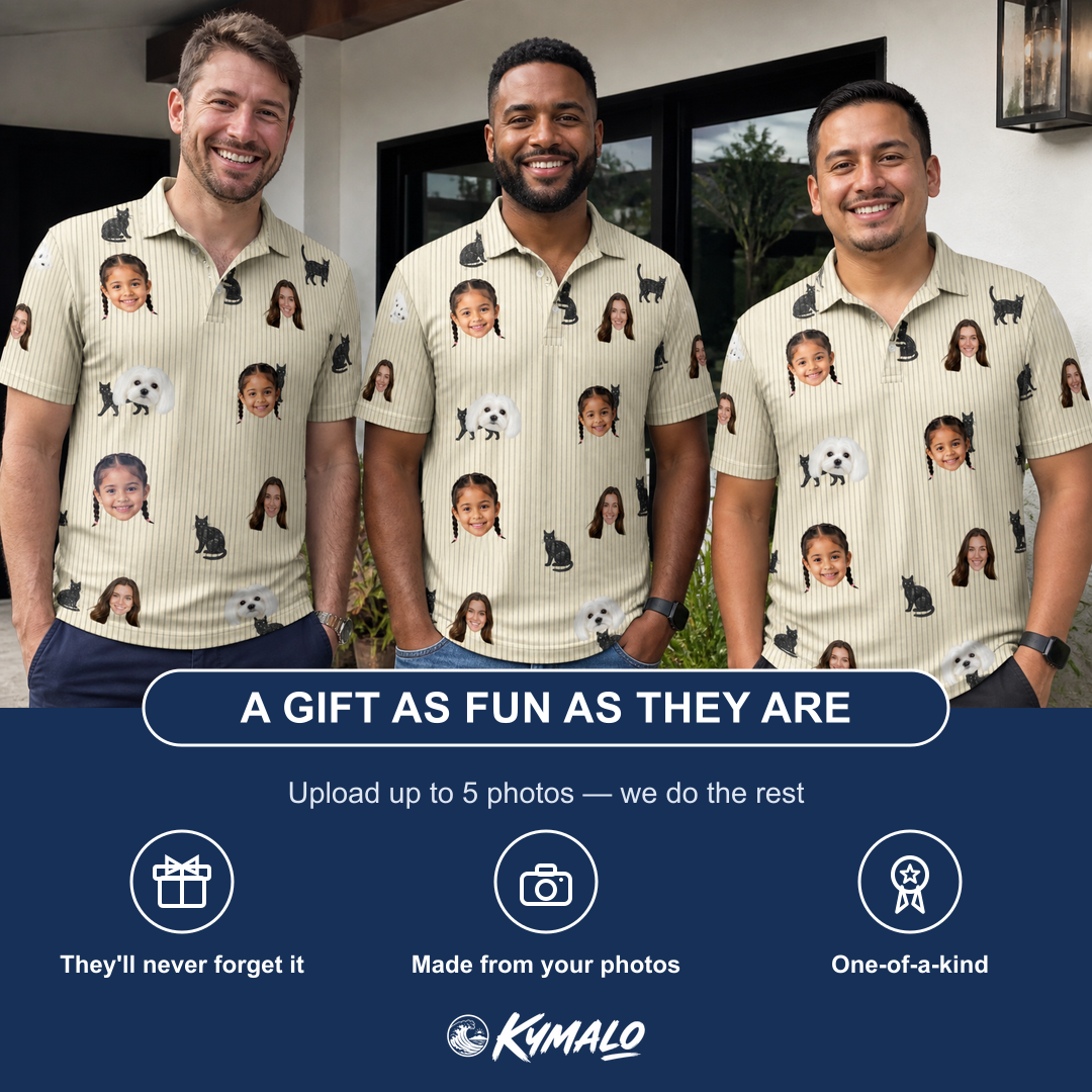 Friends in matching Men's Feline Frights Custom Face Polo Shirt — a group gift photo