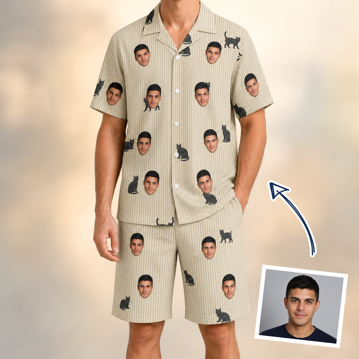 Man wearing Men's Feline Frights Custom Face Shirt & Shorts Set — custom faces printed all-over