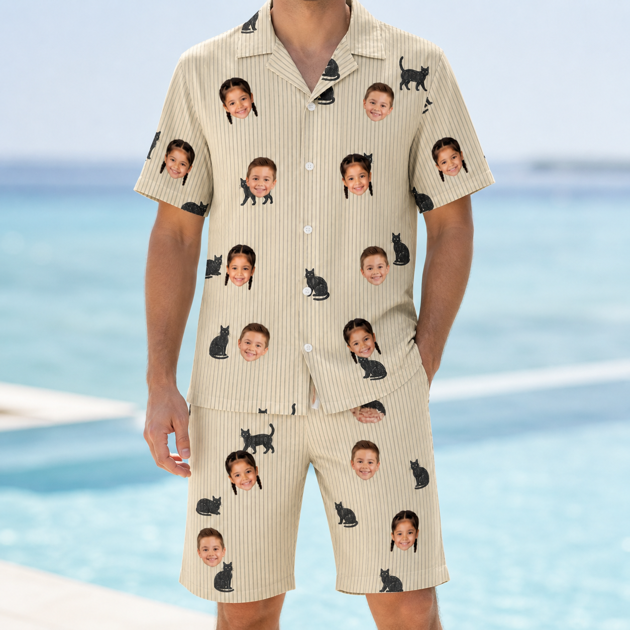Model wearing Men's Feline Frights Custom Face Shirt & Shorts Set printed with kids' faces