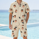 Model wearing Men's Feline Frights Custom Face Shirt & Shorts Set printed with kids' faces