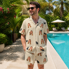Real-life photo of someone wearing Men's Feline Frights Custom Face Shirt & Shorts Set — custom faces printed all-over
