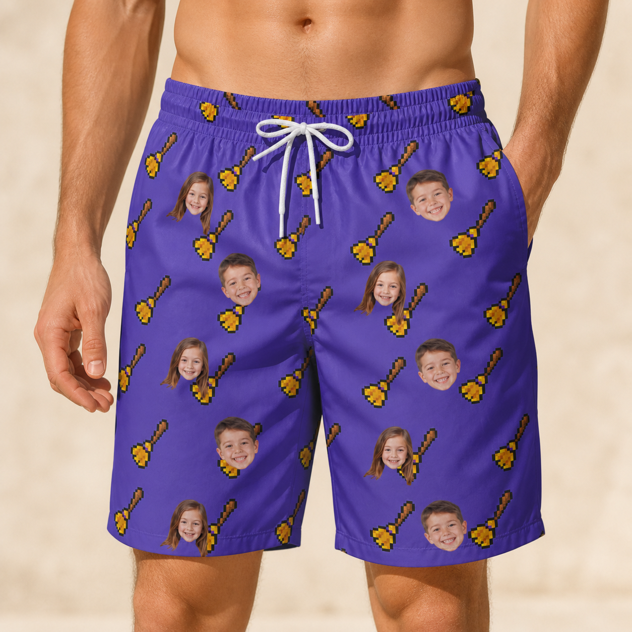 Model wearing Men's Mopstick Magic Custom Face Beach Shorts printed with kids' faces