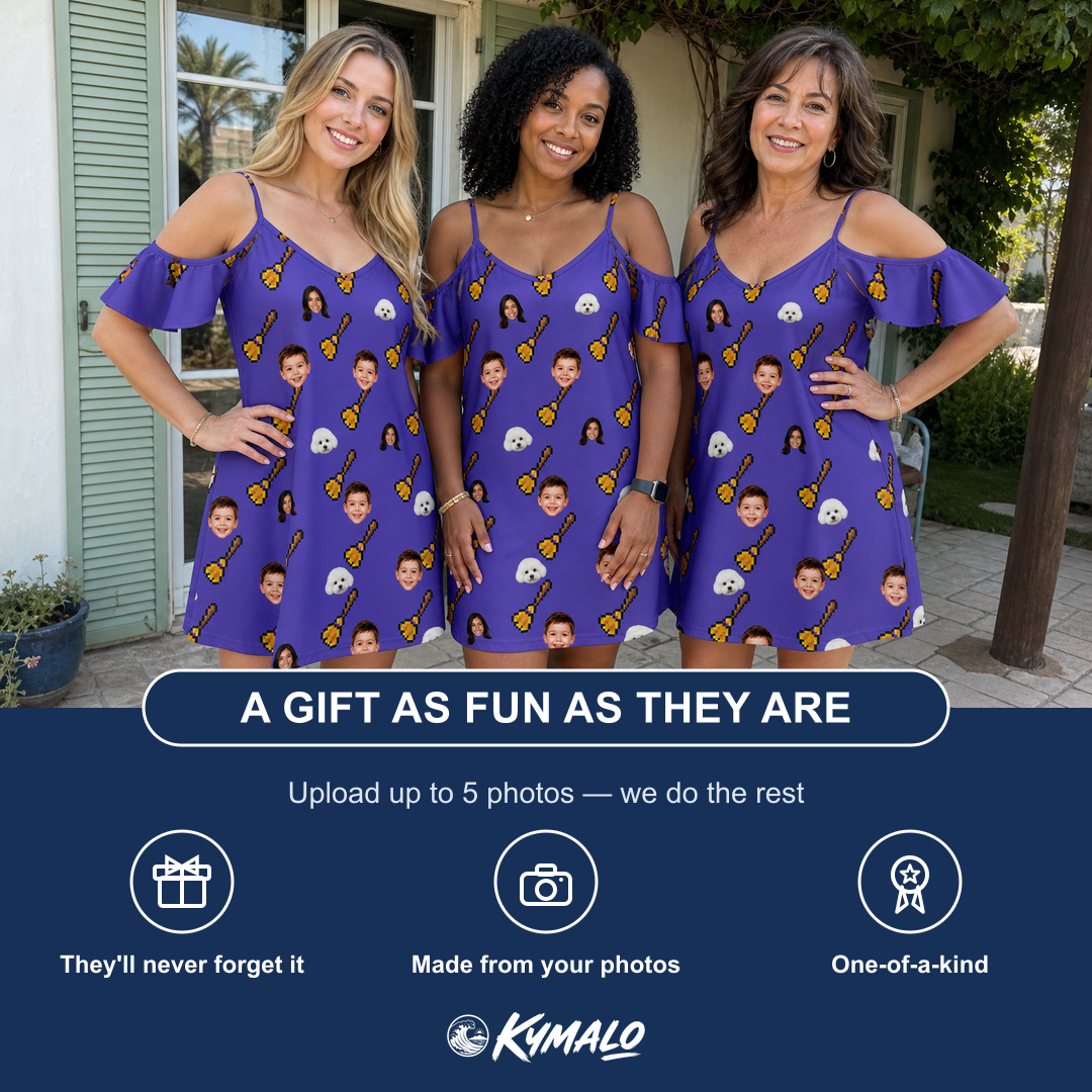 Friends in matching Women's Mopstick Magic Custom Face Off-Shoulder Dress — a group gift photo