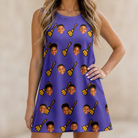 Model wearing Women's Mopstick Magic Custom Face Tank Dress printed with kids' faces
