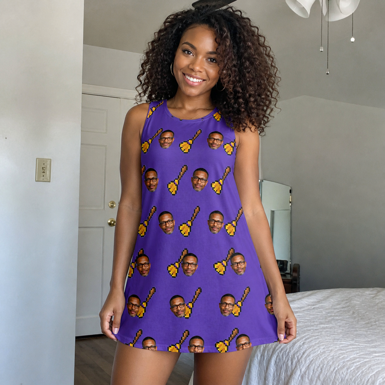 Real-life photo of someone wearing Women's Mopstick Magic Custom Face Tank Dress — custom faces printed all-over