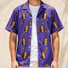 Man wearing Men's Mopstick Magic Custom Face Hawaiian Shirt open over a white tee