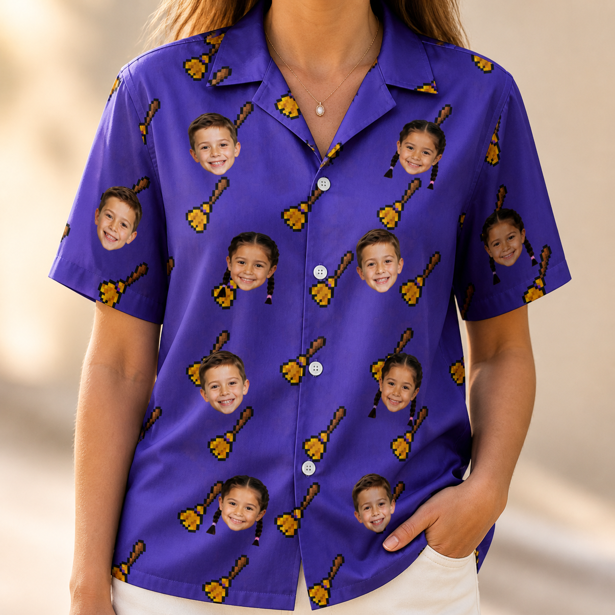 Model wearing Women's Mopstick Magic Custom Face Hawaiian Shirt printed with kids' faces