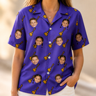 Model wearing Women's Mopstick Magic Custom Face Hawaiian Shirt printed with kids' faces