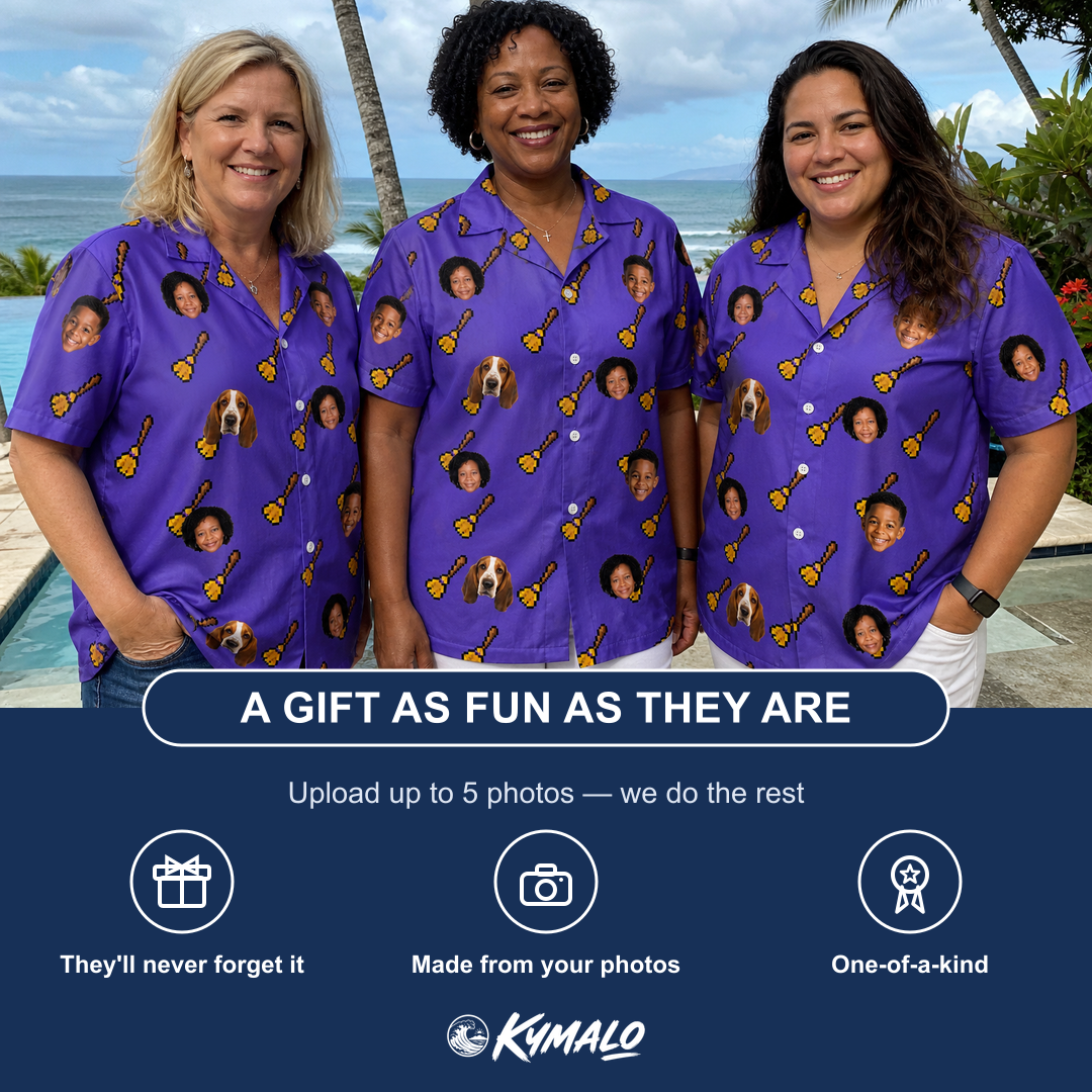 Friends in matching Women's Mopstick Magic Custom Face Hawaiian Shirt — a group gift photo