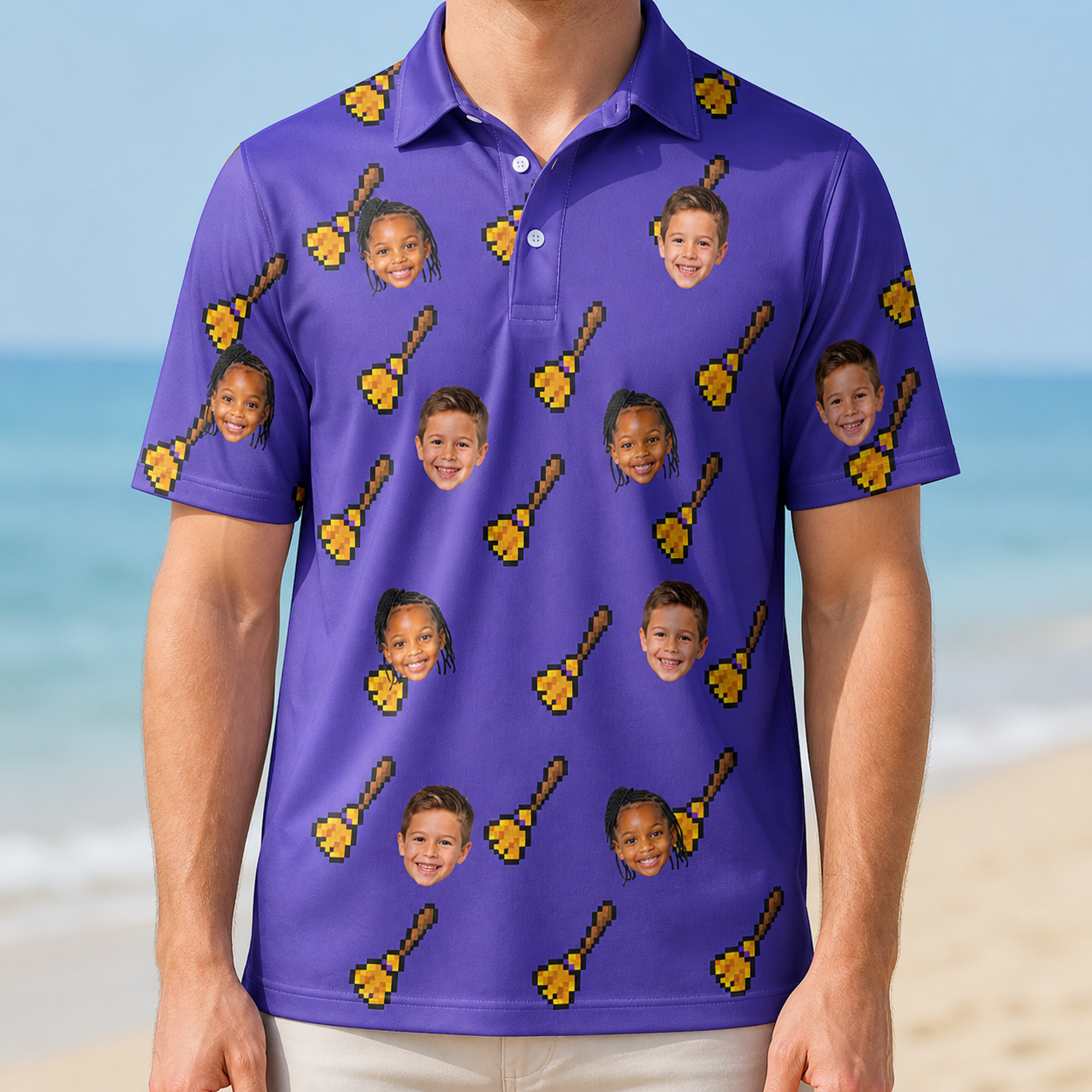 Model wearing Men's Mopstick Magic Custom Face Polo Shirt printed with kids' faces