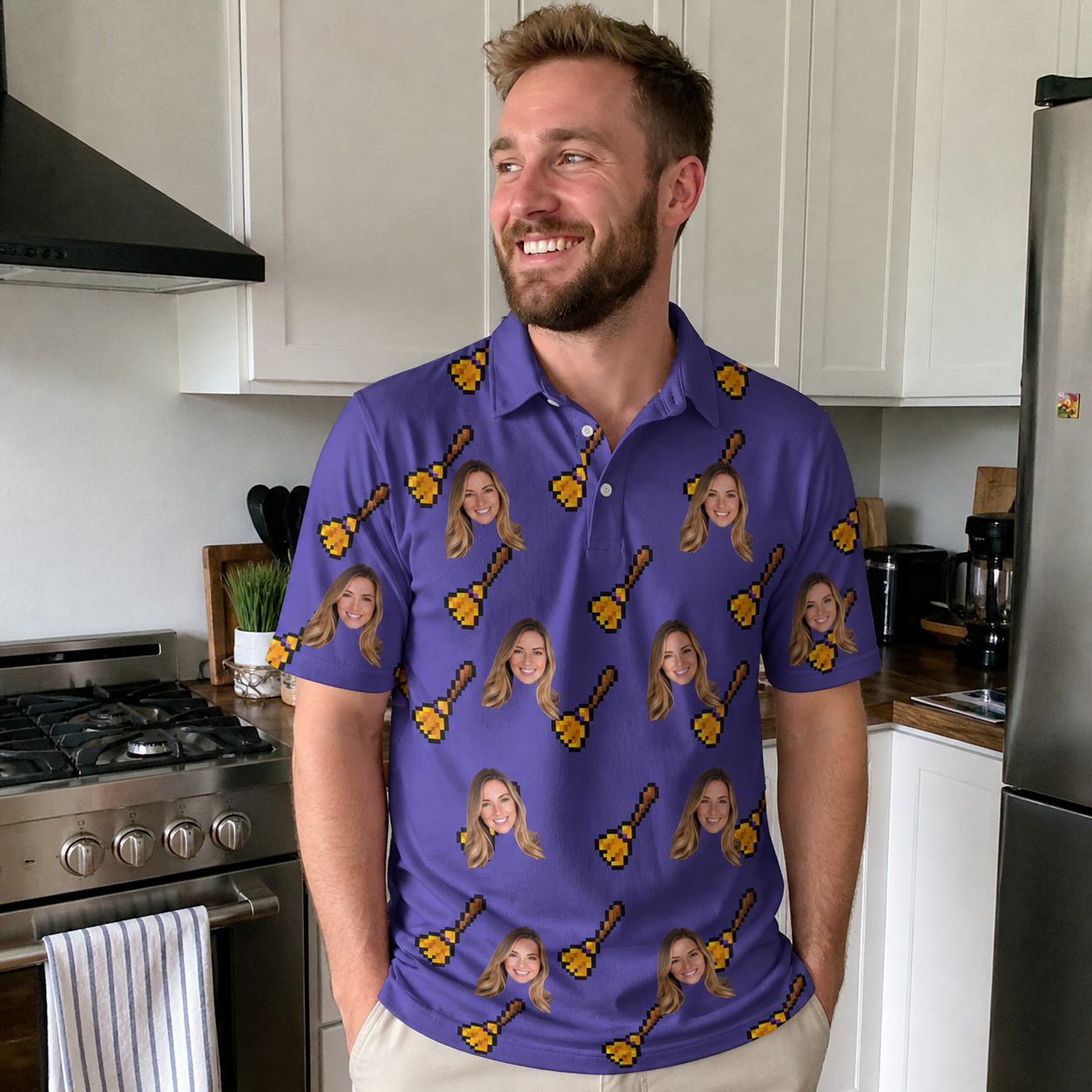 Real-life photo of someone wearing Men's Mopstick Magic Custom Face Polo Shirt — custom faces printed all-over
