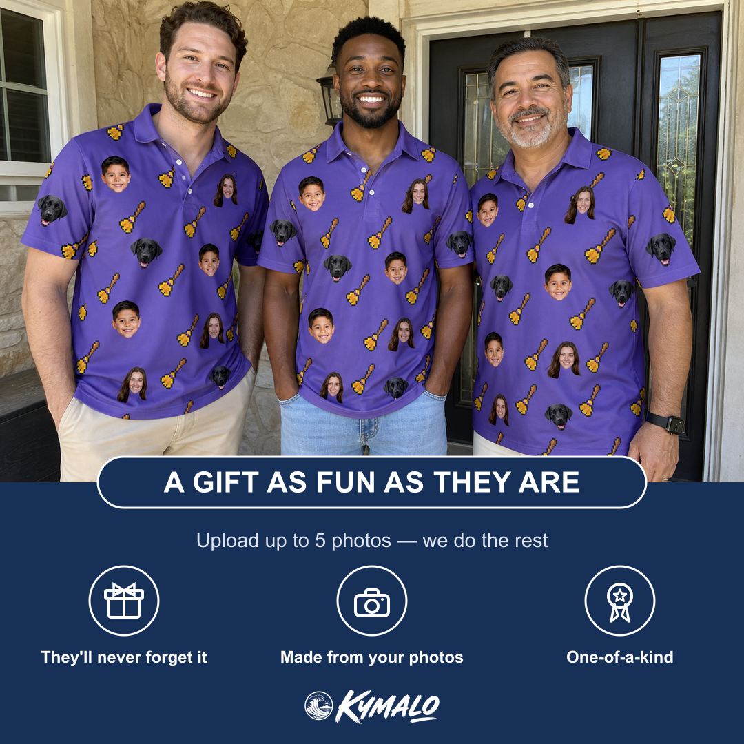 Friends in matching Men's Mopstick Magic Custom Face Polo Shirt — a group gift photo