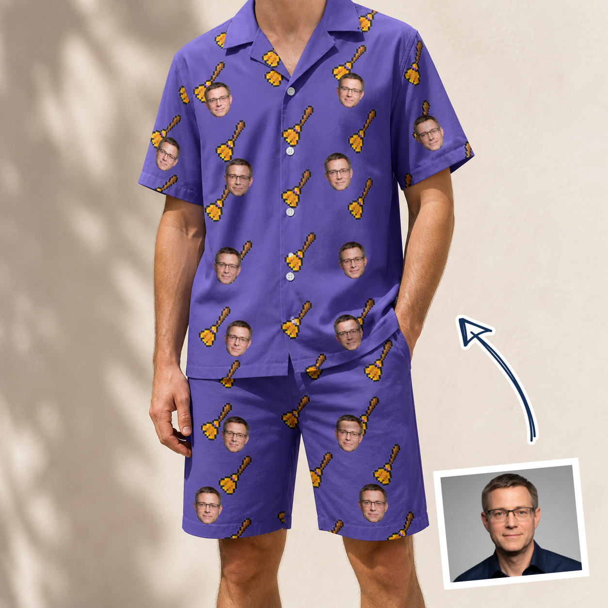 Man wearing Men's Mopstick Magic Custom Face Shirt & Shorts Set — custom faces printed all-over