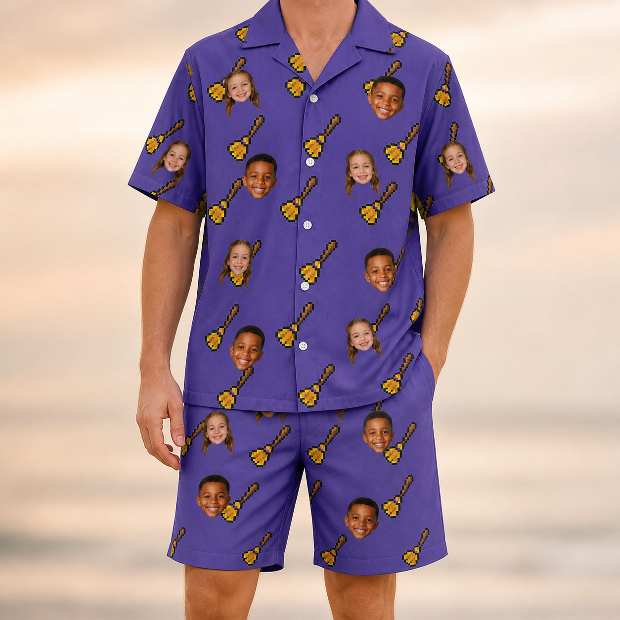 Model wearing Men's Mopstick Magic Custom Face Shirt & Shorts Set printed with kids' faces