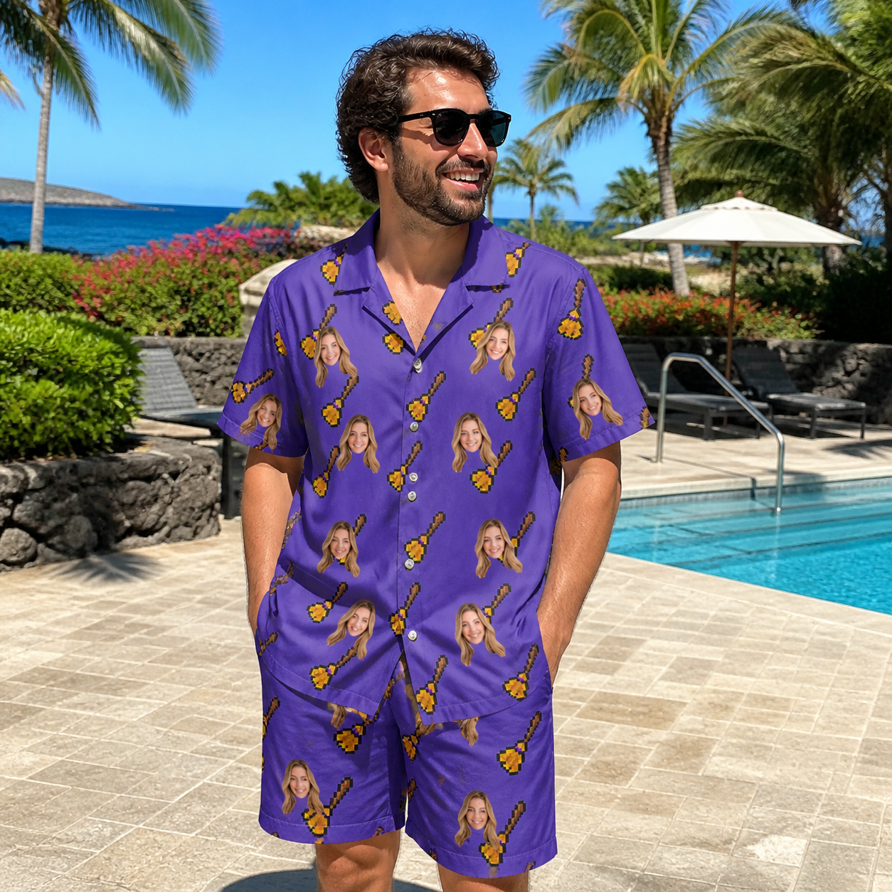 Real-life photo of someone wearing Men's Mopstick Magic Custom Face Shirt & Shorts Set — custom faces printed all-over