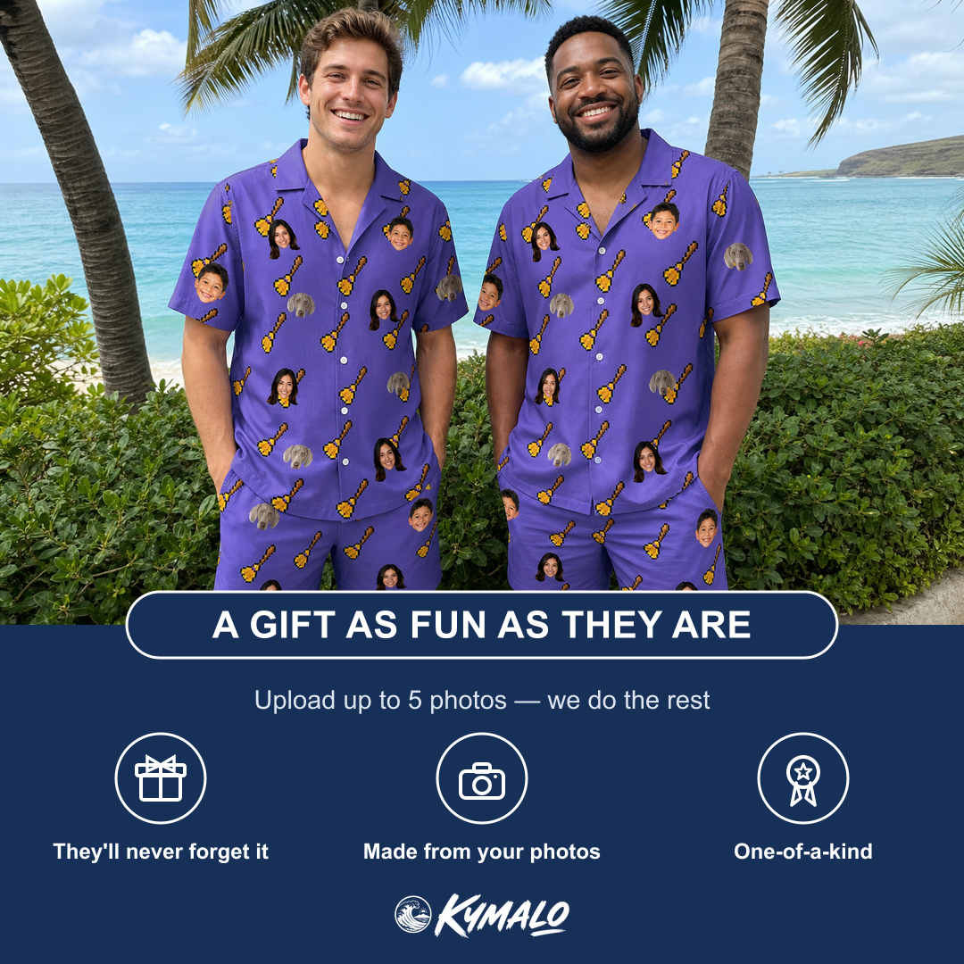 Friends in matching Men's Mopstick Magic Custom Face Shirt & Shorts Set — a group gift photo