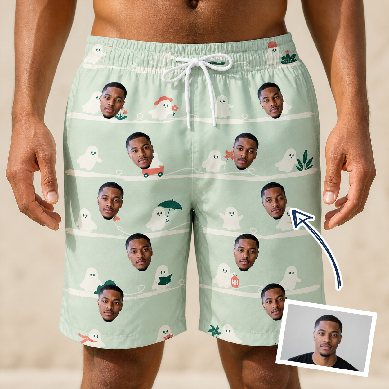Man wearing Men's Ghostly Goofballs Custom Face Beach Shorts — custom faces printed all-over