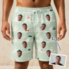 Man wearing Men's Ghostly Goofballs Custom Face Beach Shorts — custom faces printed all-over