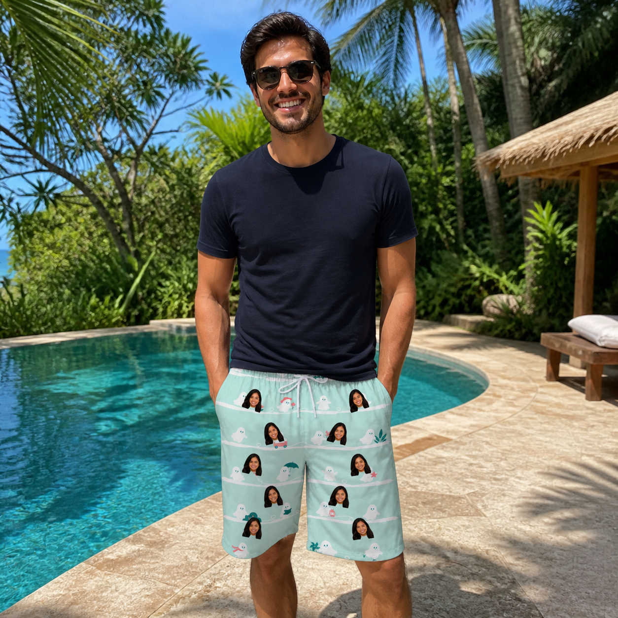 Real-life photo of someone wearing Men's Ghostly Goofballs Custom Face Beach Shorts — custom faces printed all-over