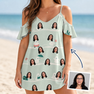 Woman wearing Women's Ghostly Goofballs Custom Face Off-Shoulder Dress — custom faces printed all-over